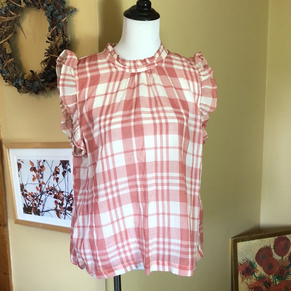 ISABELE SINCLAIR size XL Plaid Pink-Ecru Hi-Collar Ruffle Buttonfront $88 NEW - Picture 4 of 12
